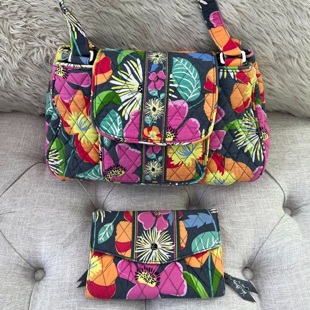 Vera Bradley Pink Floral Quilted Cotton Tote Purse Bag & Wallet Set AUTHENTIC